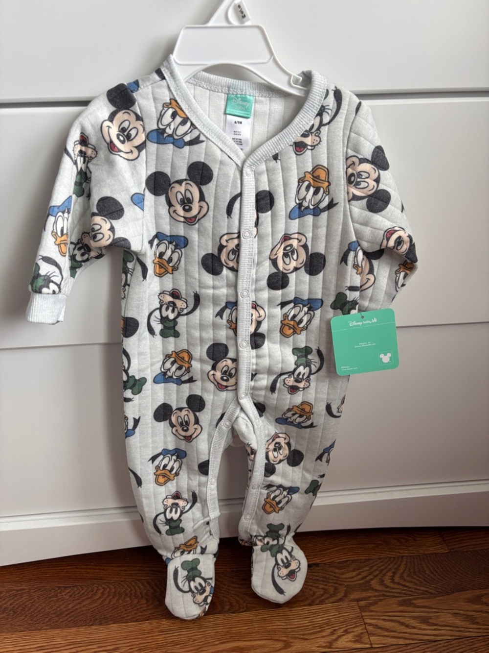 NWT - Disney Quilted White & Gray Mickey and Friends Footie - 6-9 months